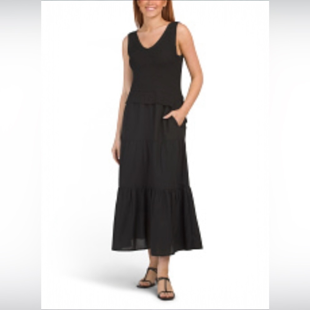 Cynthia Rowley Black Mixed Media Tiered Maxi Dress w/ Pockets XL NWT